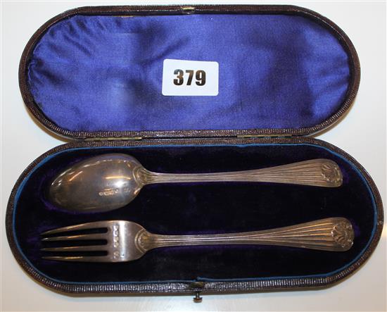 A cased Victorian silver christening spoon and fork